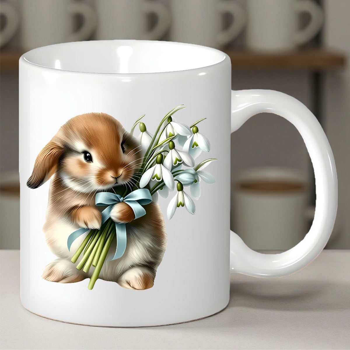 Tailorly White Ceramic 11 oz Mug - Adorable Brown Bunny Holding Delicate White Snowdrop Flowers With Elegant Blue Ribbon Rabbit