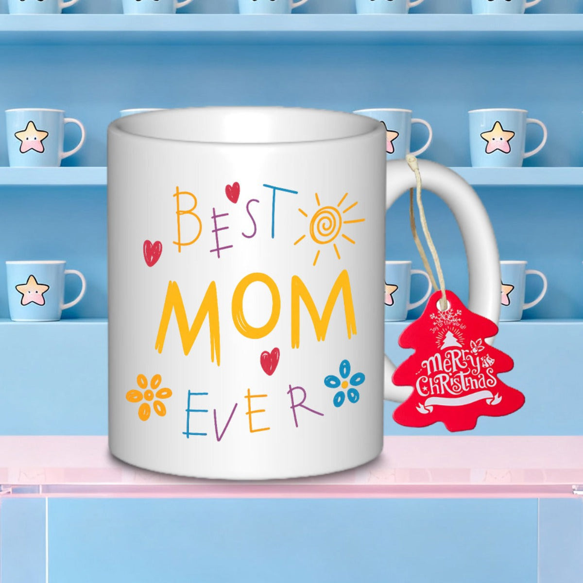 Tailorly White Ceramic 11 oz Mug - Best Mom Ever Merry Christmas Hand Drawn Sun And Flowers Surrounded By Little Red Hearts Mug