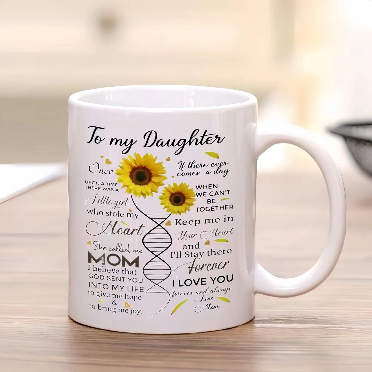 Tailorly White Ceramic 11 oz Mug - To My Daughter Mom I Love You Blooming Yellow Petals Connecting Through Genetic DNA Helix Science Structure Sunflower
