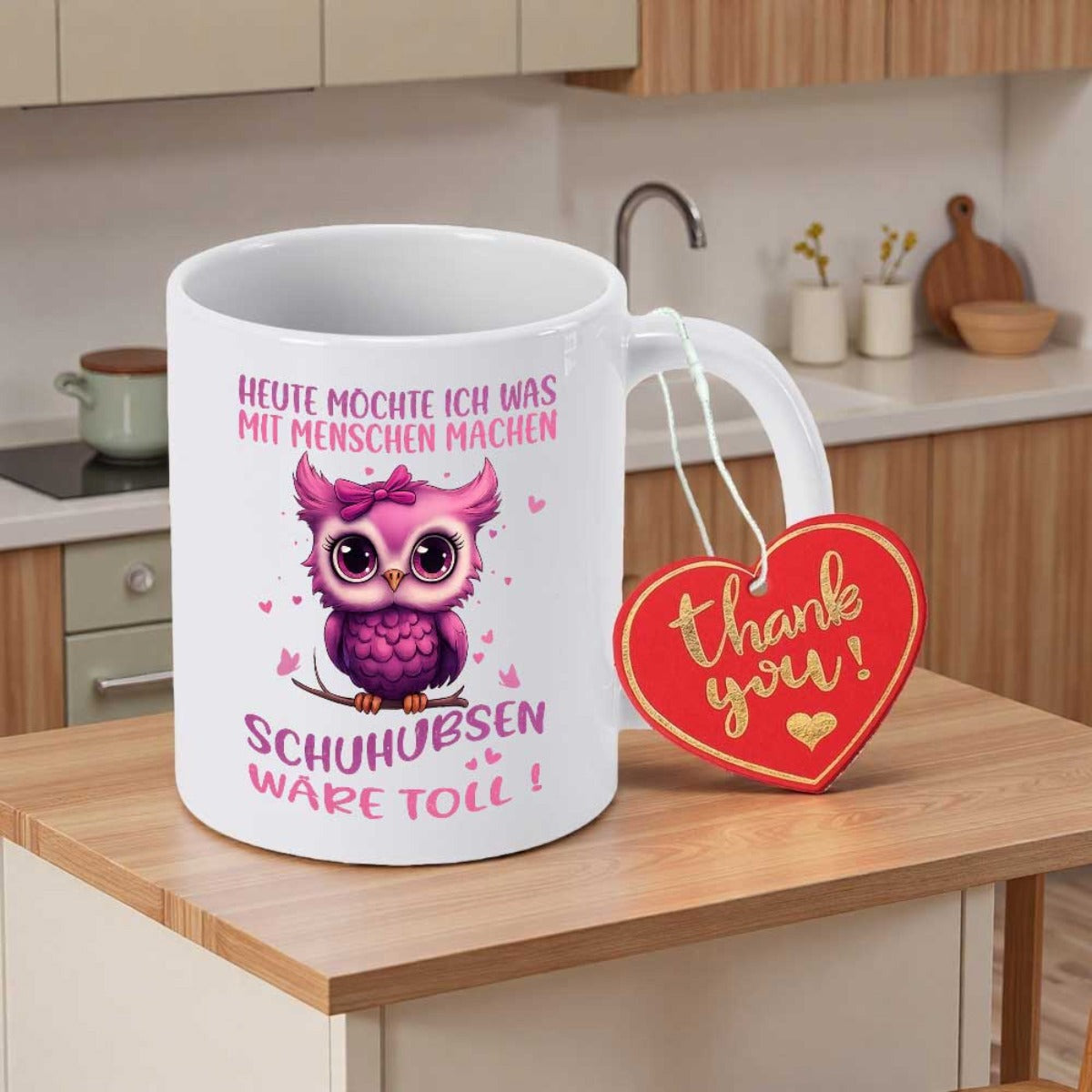 Tailorly White Ceramic 11 oz Mug - Thank You Charming Purple Cartoon Owl Perched On Branch With Tiny Pink Hearts Owl
