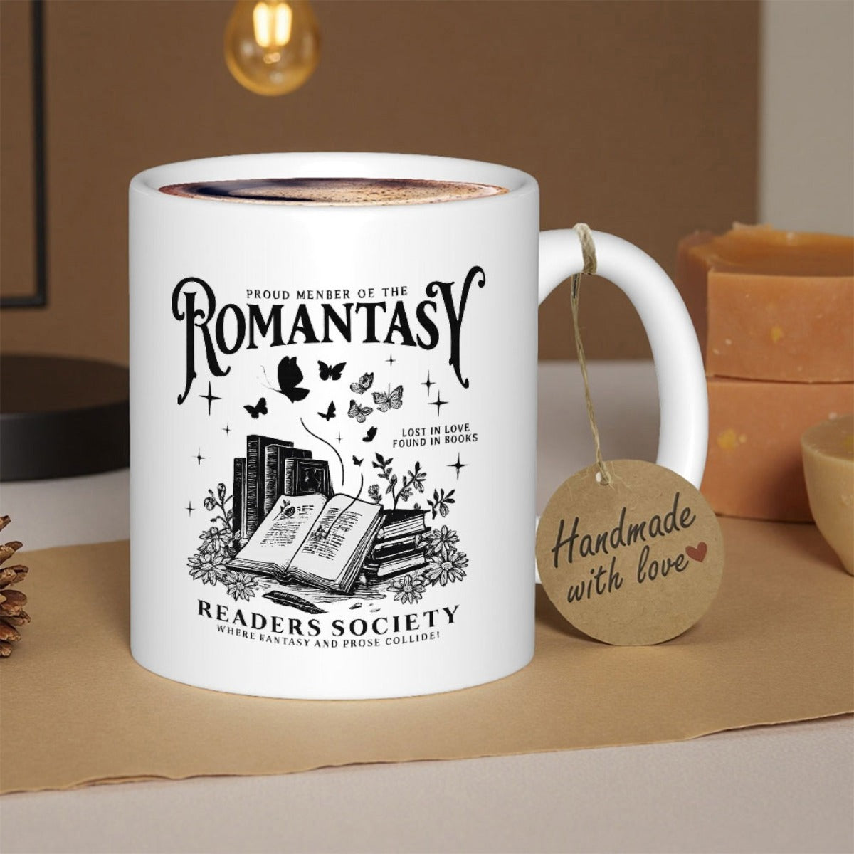 Tailorly White Ceramic 11 oz Mug - Proud Member Of The Romantasy Readers Society Elegant Vintage Open Books With Delicate Butterflies Dancing Above Mystical Stars