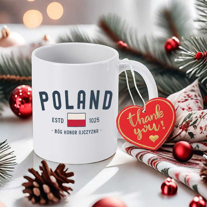 Tailorly White Ceramic 11 oz Mug - Poland Estd 1025 Thank You Elegant White Ceramic Finish Featuring National Flag And Patriotic Slogan Mug