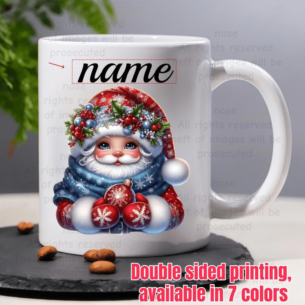 Tailorly White Ceramic 11 oz Mug - Name Adorable Festive Figure Wearing Red Holly Hat And Blue Winter Scarf Santa