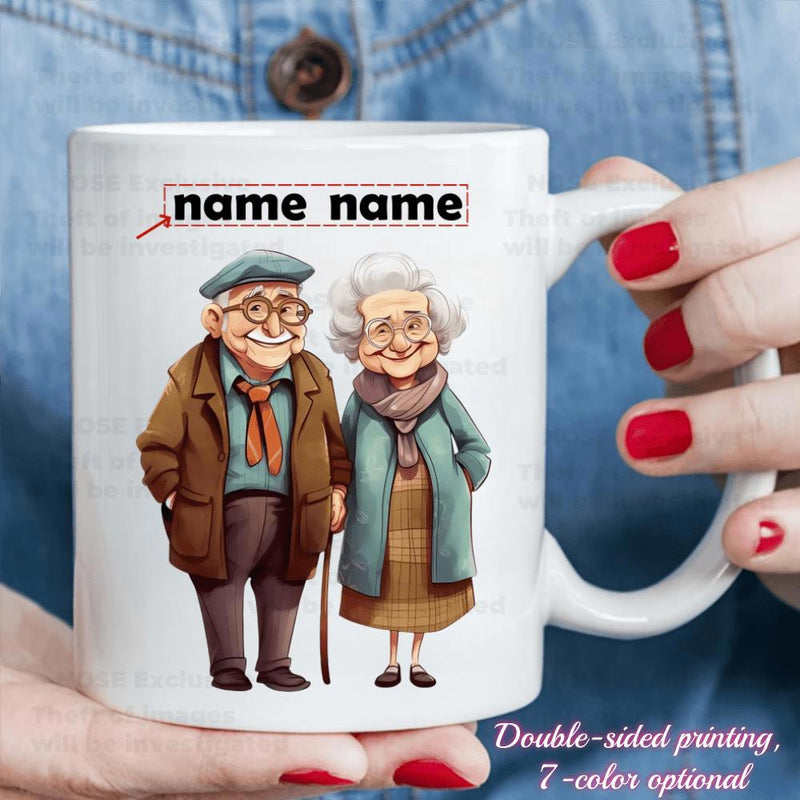 Tailorly White Ceramic 11 oz Mug - Name Name Warm Cartoon Elderly Couple Standing Together Smiling In Casual Winter Outfits Couple
