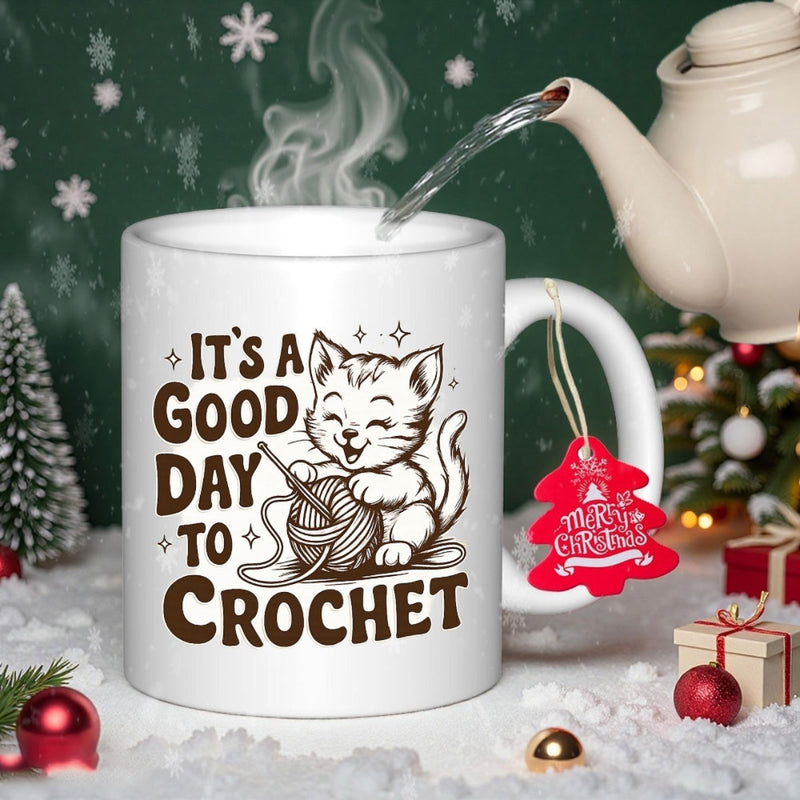 Tailorly White Ceramic 11 oz Mug - Its A Good Day To Crochet Happy Cartoon Kitten Playing With Soft Woolen Yarn Ball Cat