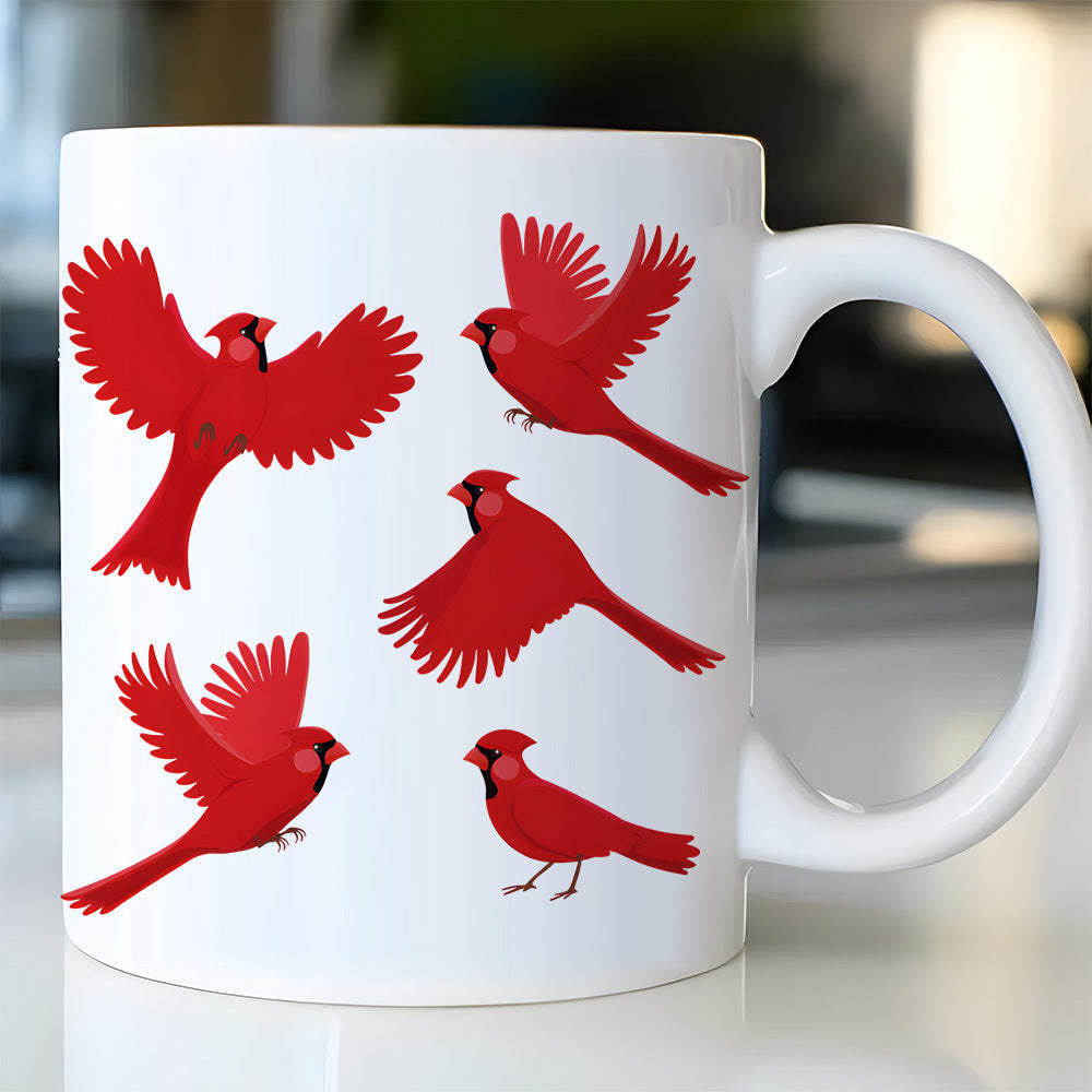 Tailorly White Ceramic 11 oz Mug - Vibrant Crimson Northern Birds Gliding Through The Air In Different Poses Cardinal