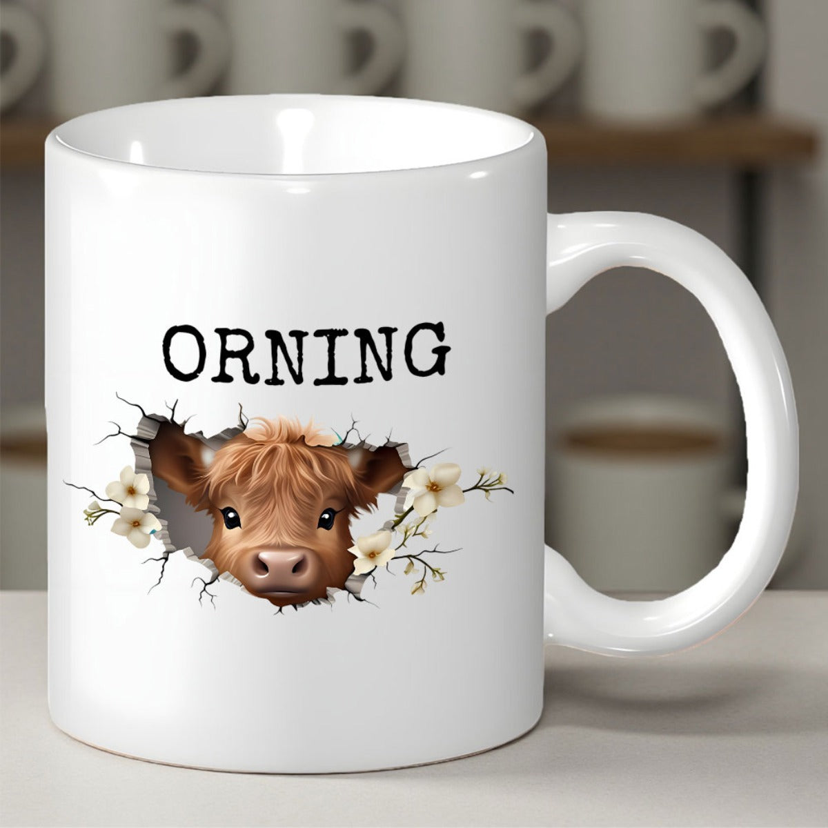 Tailorly White Ceramic 11 oz Mug - Orning Rustic Brown Highland Peeking Through A Cracked White Wall With Flowers Cow