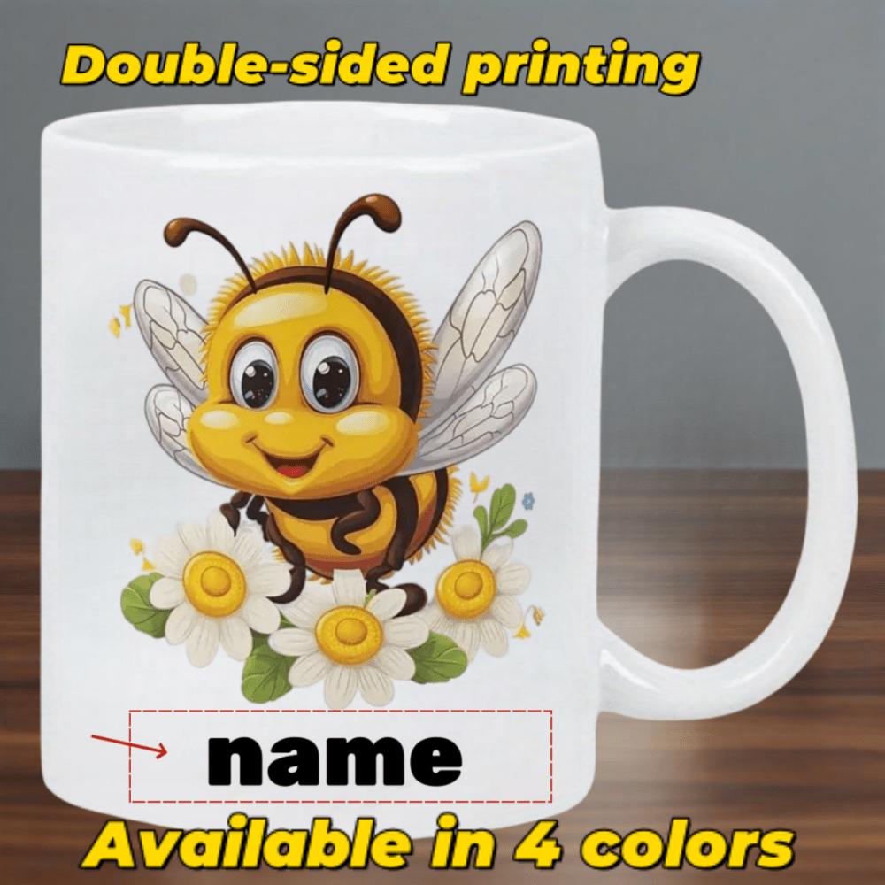 Tailorly White Ceramic 11 oz Mug - Name Smiling Little Bumblebee Floating Above Beautiful Fresh White Flowers Bee