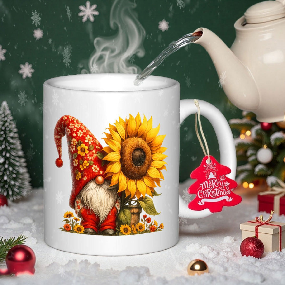 Tailorly White Ceramic 11 oz Mug - Merry Christmas Adorable Festive Gnome Wearing Floral Red Hat Sitting Beside Large Yellow Sunflower Gnome