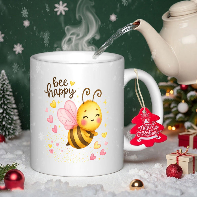 Tailorly White Ceramic 11 oz Mug - Bee Happy Cute Smiling Cartoon Bumblebee Flying Among Soft Pastel Pink Hearts Bee