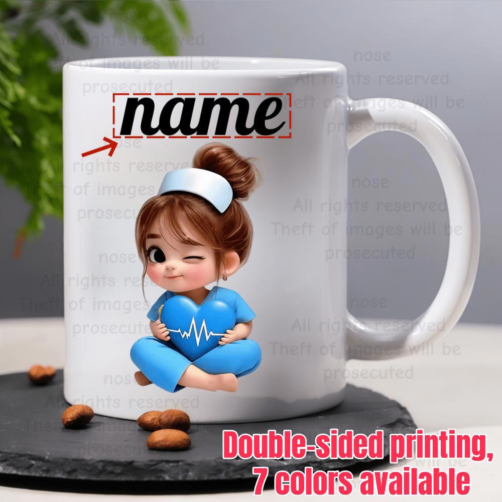 Tailorly White Ceramic 11 oz Mug - Name Adorable Chibi Girl Holding A Glowing Heart Sitting In Medical Scrubs Nurse