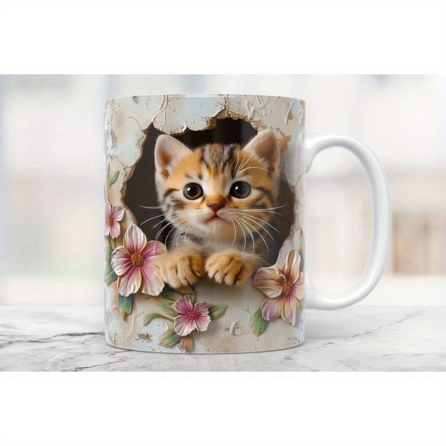 Tailorly White Ceramic 11 oz Mug - Cute Tabby Peeking Through Wall Hole Surrounded By Pink Flowers Kitten