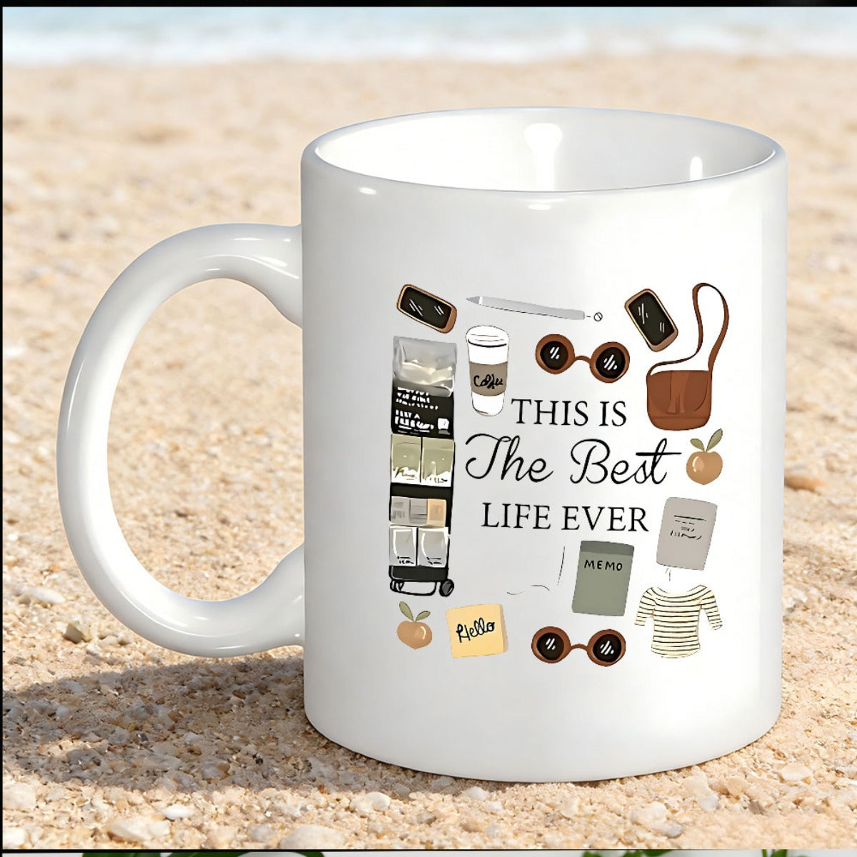 Tailorly White Ceramic 11 oz Mug - This Is The Best Life Ever Inspirational Quote Surrounded By Stylish Fashion Accessories And Coffee Elements Ceramic Mug