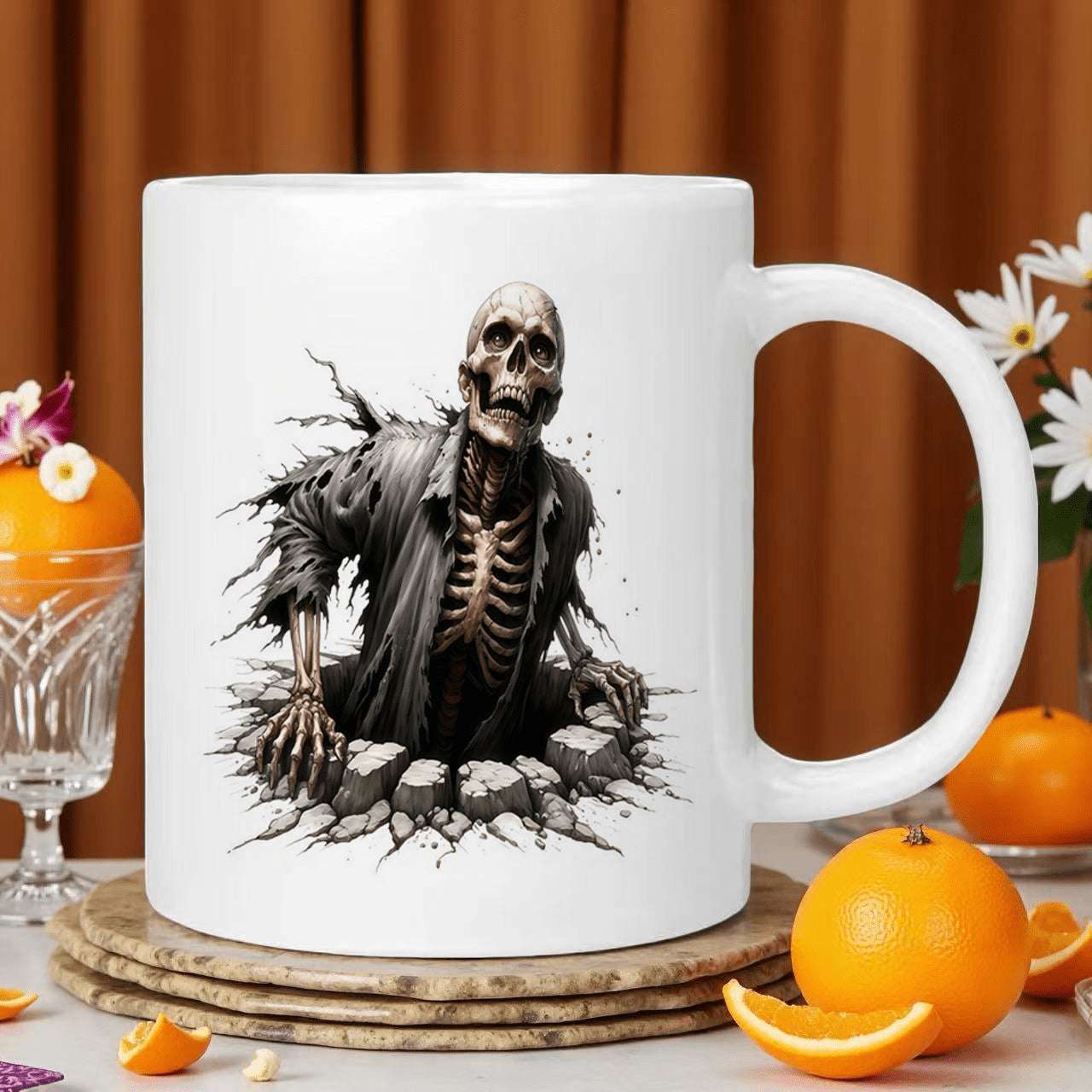 Tailorly White Ceramic 11 oz Mug - Emerging From Cracked Stone Ground Hole Dark Gritty Horror Skeleton