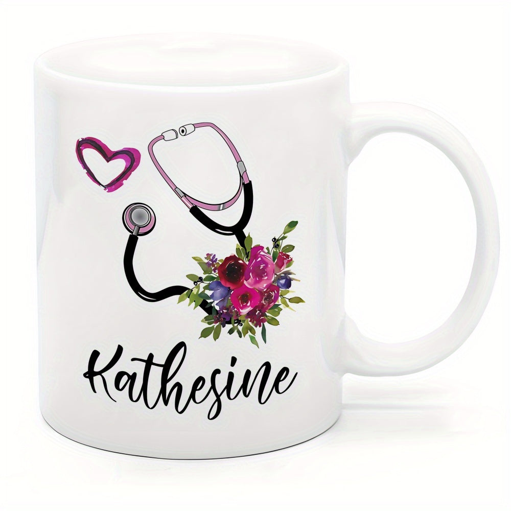 Tailorly White Ceramic 11 oz Mug - Katherine Blooming Flowers With Heart Shape Surrounding A Medical Professional Stethoscope