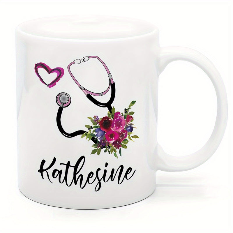 Tailorly White Ceramic 11 oz Mug - Katherine Blooming Flowers With Heart Shape Surrounding A Medical Professional Stethoscope