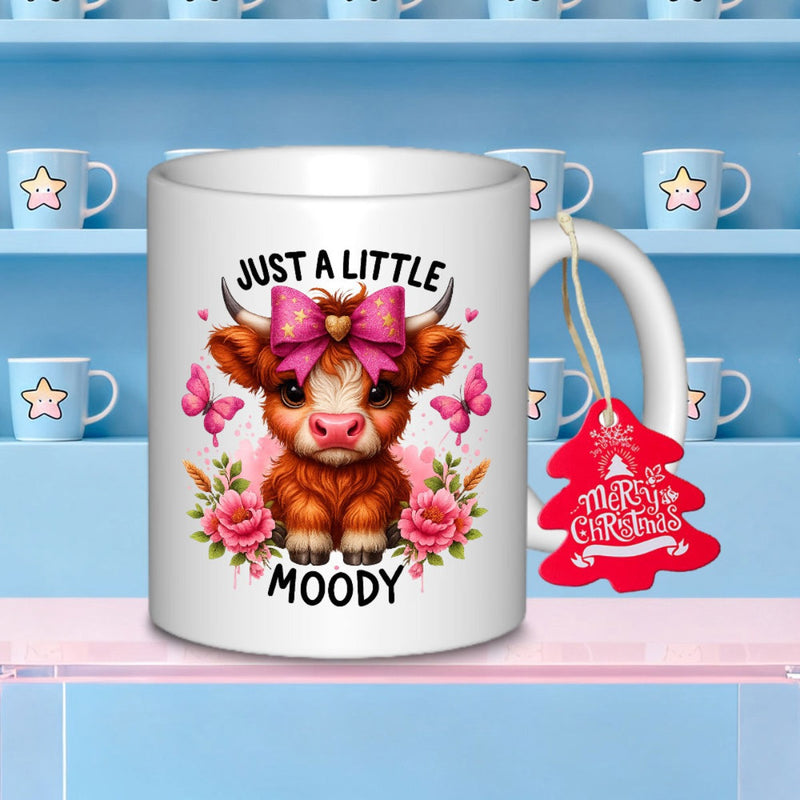 Tailorly White Ceramic 11 oz Mug - Just A Little Moody Adorable Fluffy Highland Cow Wearing Pink Bow Among Blooming Roses Cow
