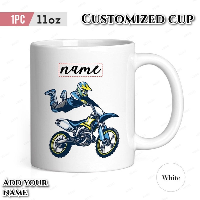 Tailorly White Ceramic 11 oz Mug - Name Dynamic Freestyle Motocross Athlete Flying During High Speed Jump Motorcycle