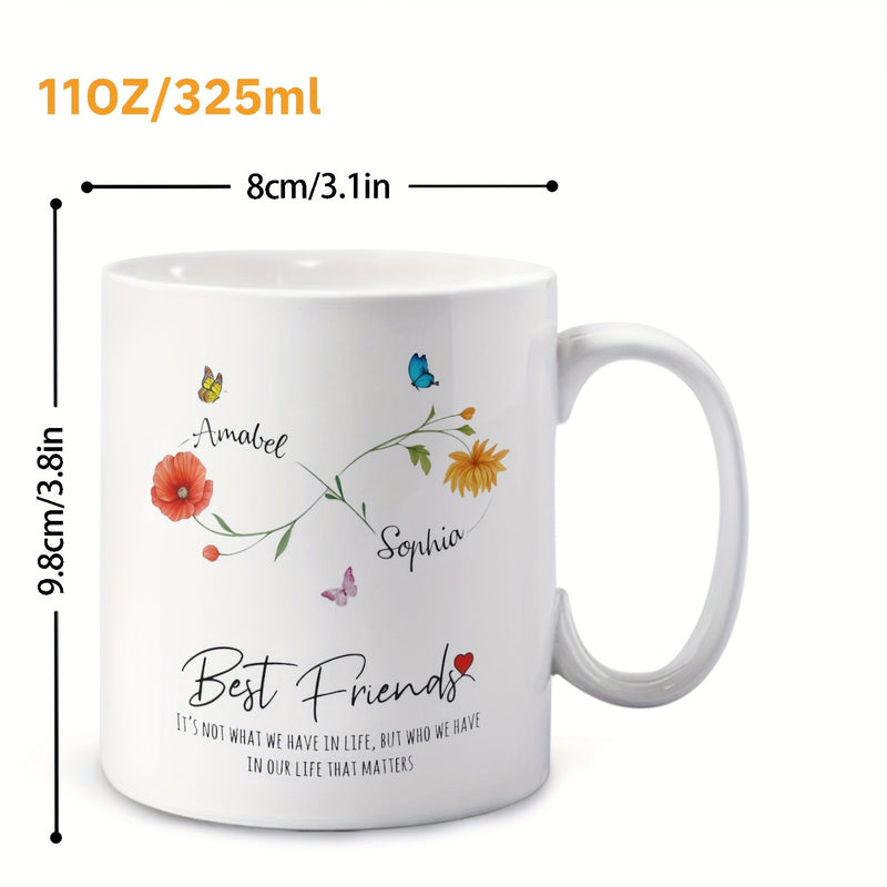 Tailorly White Ceramic 11 oz Mug - Best Friends Delicate Floral Infinity Symbol With Colorful Butterflies And Vibrant Blooming Flowers Graphic