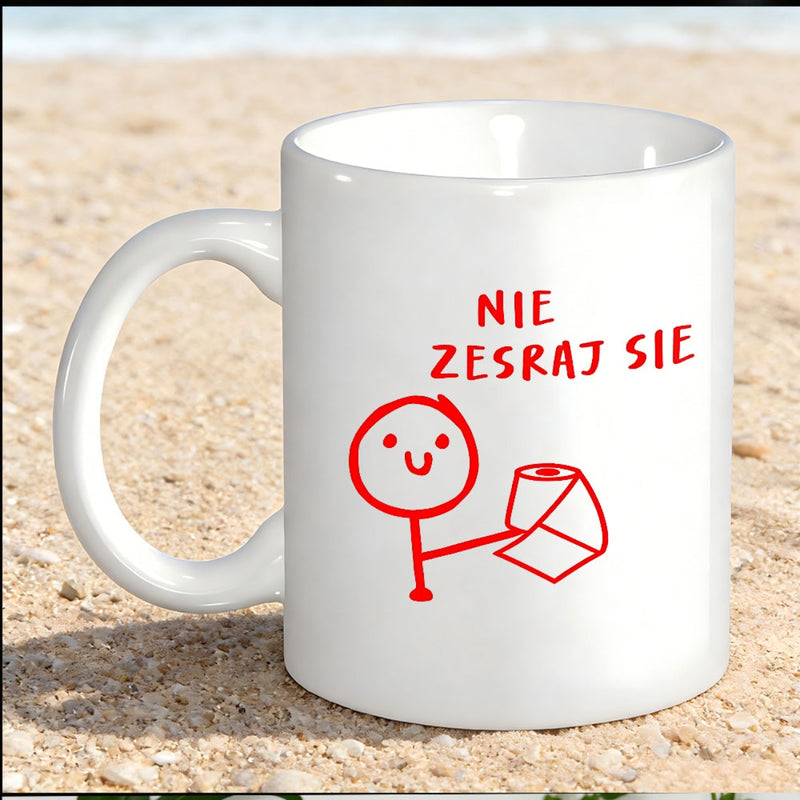 Tailorly White Ceramic 11 oz Mug - Minimalist Red Line Art Drawing Of Smiling Person Holding Paper Roll Stick Figure