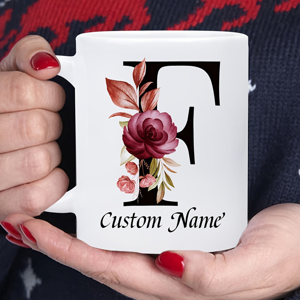 Tailorly White Ceramic 11 oz Mug - Custom Name Elegant Serif Letter Adorned With Dark Red Rose And Autumn Leaves Monogram