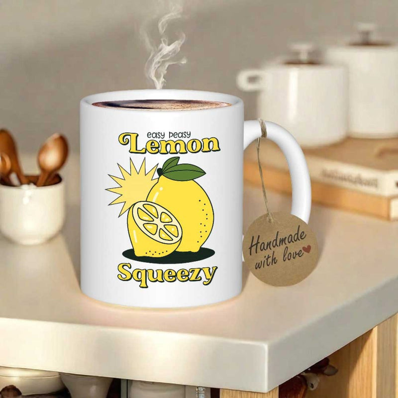 Tailorly White Ceramic 11 oz Mug - Easy Peasy Lemon Squeezy Vibrant Yellow Fruit Under Shining Sun Burst With Green Leaf Decorative Lemon