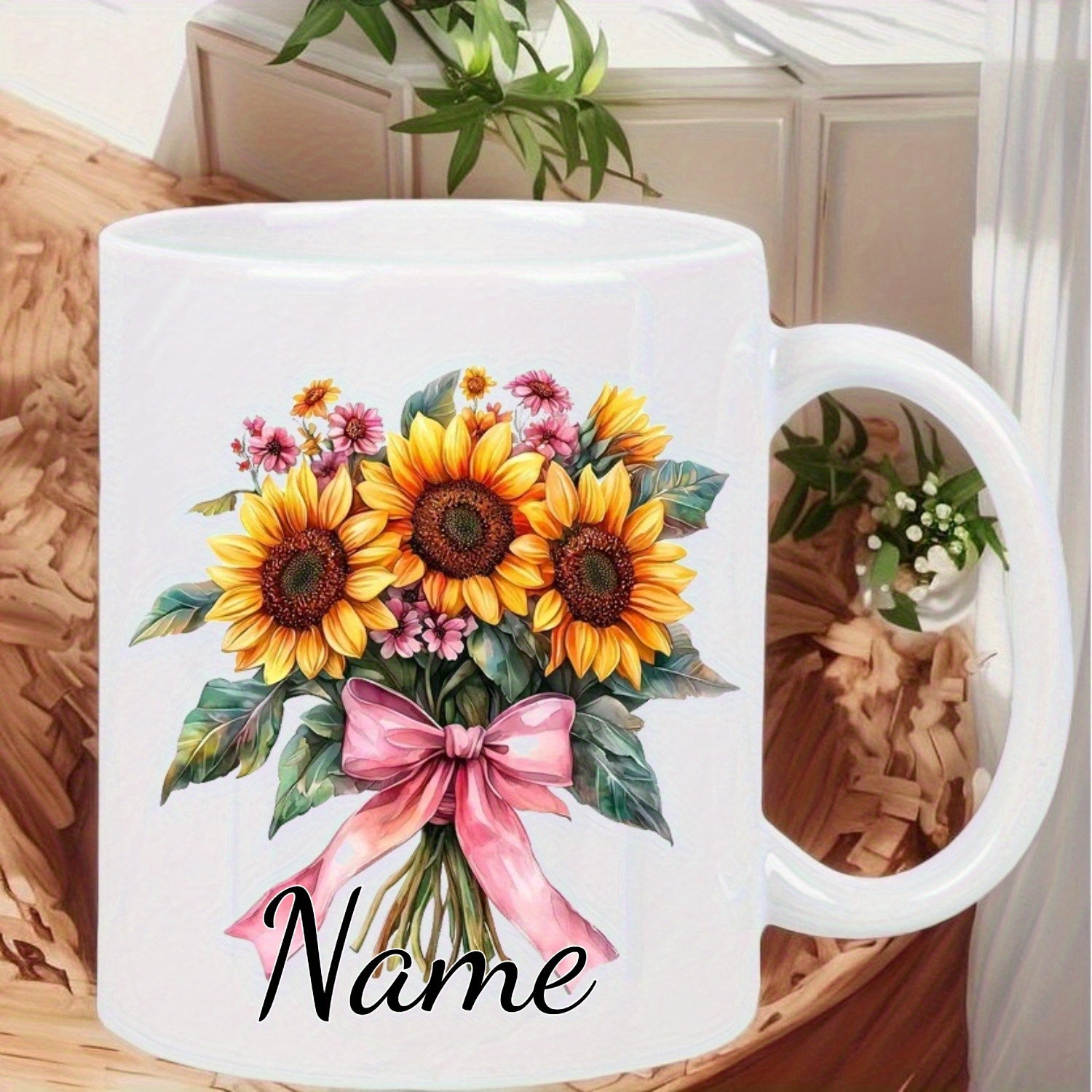 Tailorly White Ceramic 11 oz Mug - Name Vibrant Blooming Sunflowers Tied With Elegant Pink Ribbon Bow Bouquet Flower