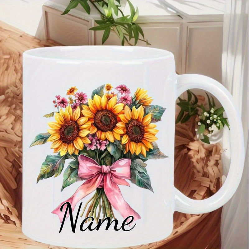 Tailorly White Ceramic 11 oz Mug - Name Vibrant Blooming Sunflowers Tied With Elegant Pink Ribbon Bow Bouquet Flower