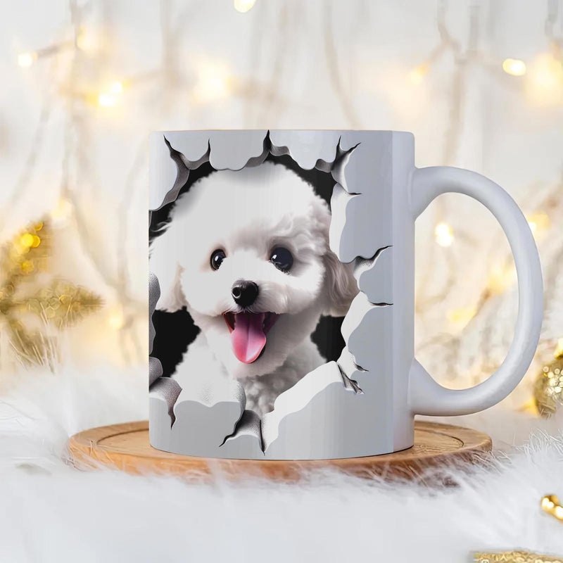 Tailorly White Ceramic 11 oz Mug - Adorable Fluffy White Puppy Emerging From A Realistic Black Cracked Wall Dog
