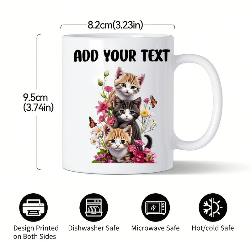 Tailorly White Ceramic 11 oz Mug - Add Your Text Three Adorable Stacked Kittens Surrounded By Blooming Colorful Garden Flowers Kitten