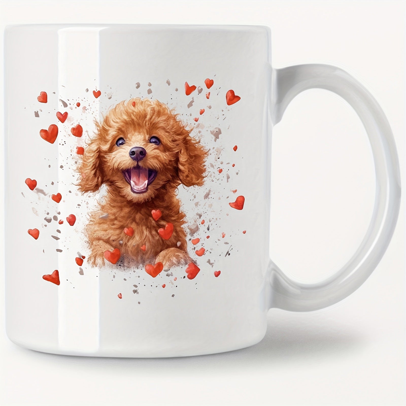 Tailorly White Ceramic 11 oz Mug - Adorable Brown Fluffy Puppy Smiling Joyfully Among Many Floating Red Hearts Poodle