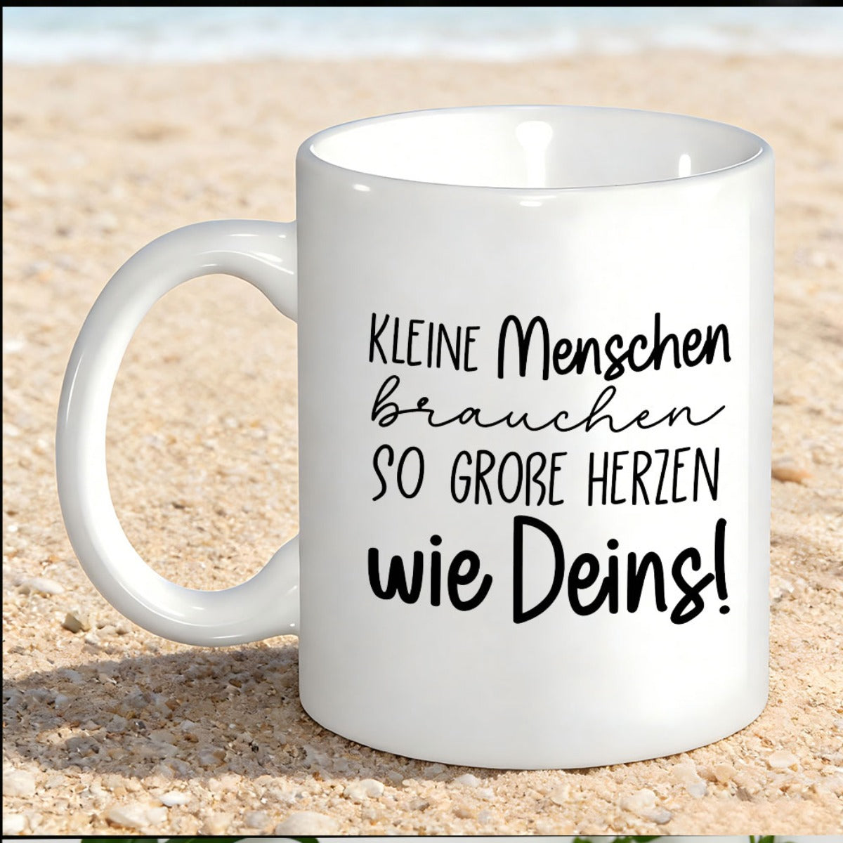 Tailorly White Ceramic 11 oz Mug - Elegant White Ceramic Body Resting On Soft Golden Glistening Sand Mug
