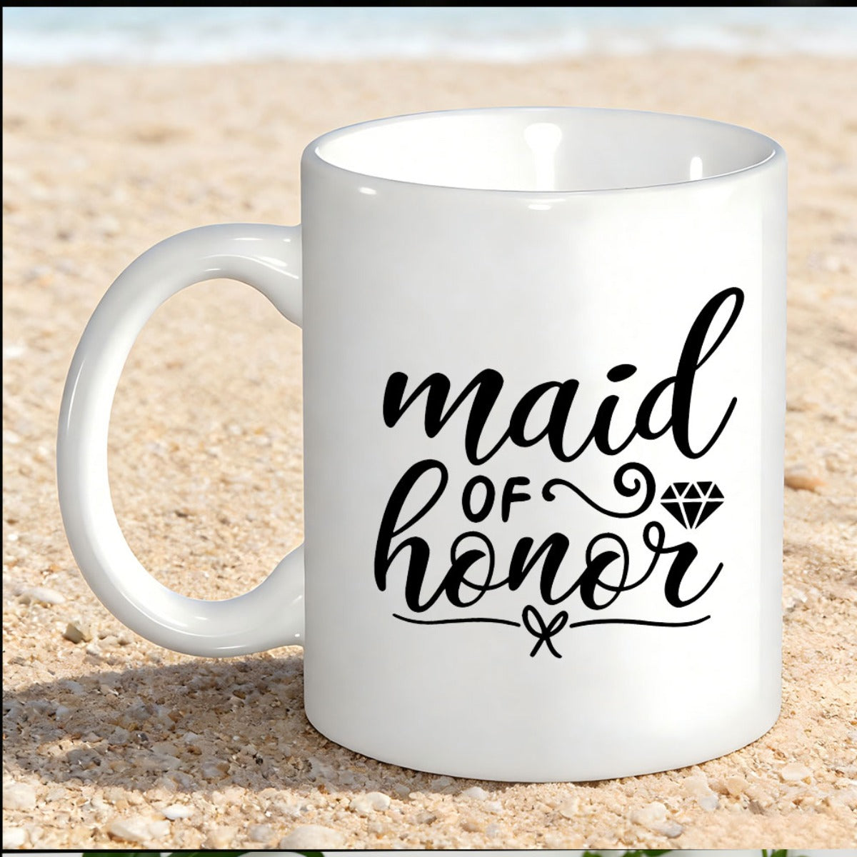Tailorly White Ceramic 11 oz Mug - Maid Of Honor Minimalist Ceramic Surface Featuring Delicate Cursive Calligraphy And Diamond Mug