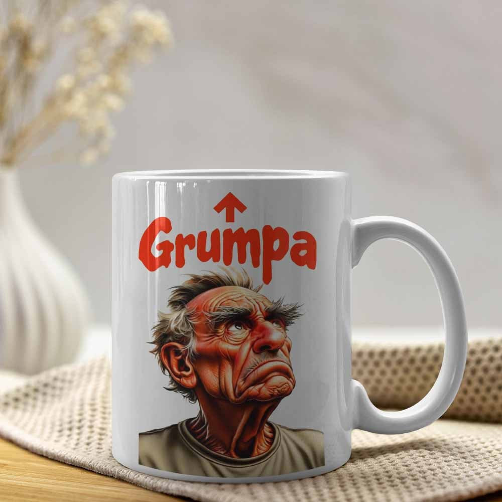 Tailorly White Ceramic 11 oz Mug - Grumpa Detailed Caricature Of An Angry Elderly Man With Grumpy Facial Expression Portrait