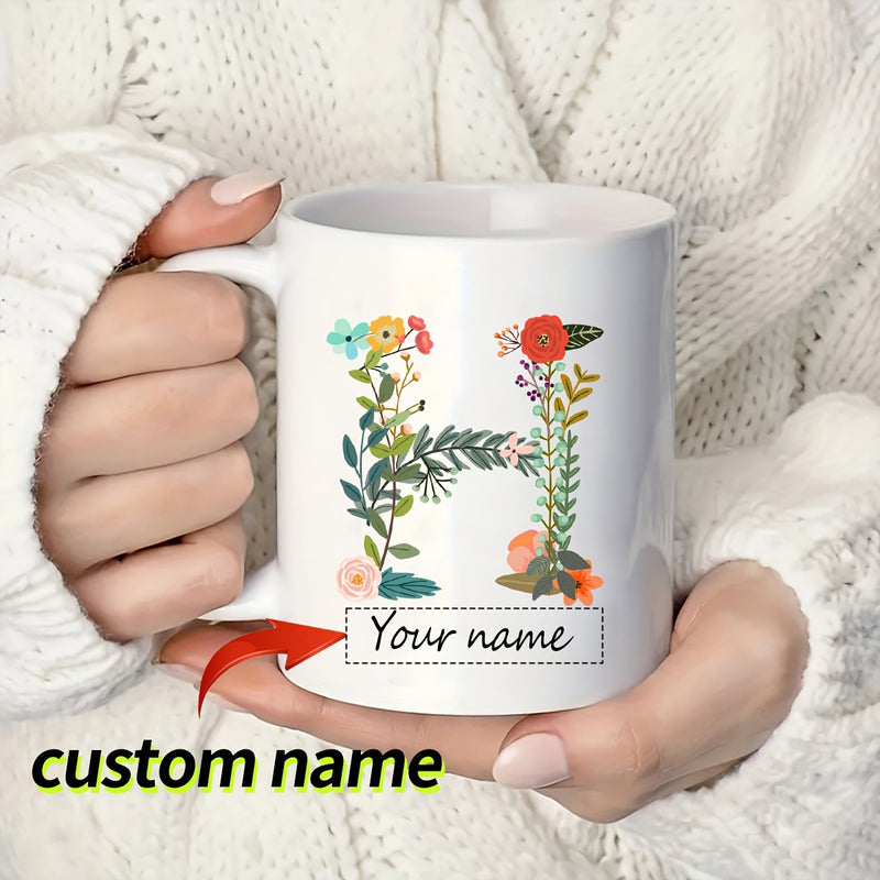 Tailorly White Ceramic 11 oz Mug - Your Name Colorful Flowers And Leaves Forming A Large Capital Letter H Monogram