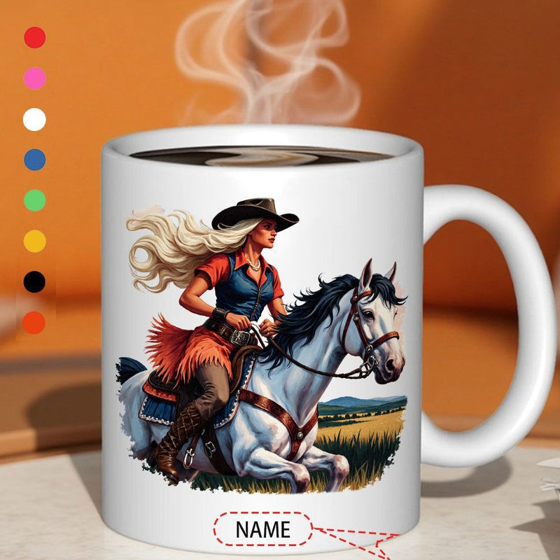 Tailorly White Ceramic 11 oz Mug - Name Graceful Cowgirl With Golden Hair Riding Across Scenic Countryside Meadows Horse
