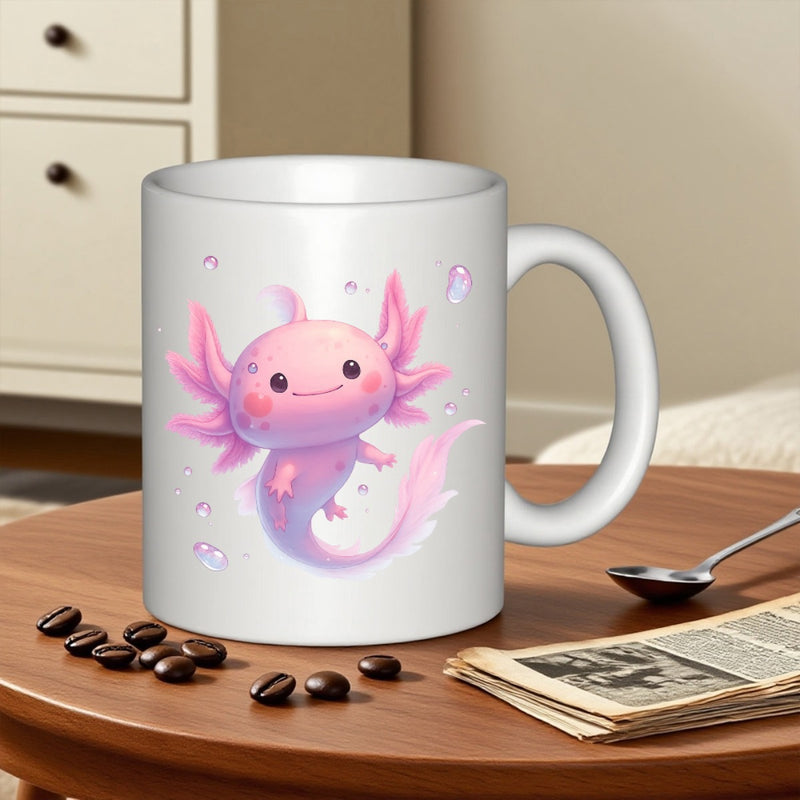 Tailorly White Ceramic 11 oz Mug - Cute Pink Cartoon Creature Floating Among Sparkling Bubbles Underwater Axolotl