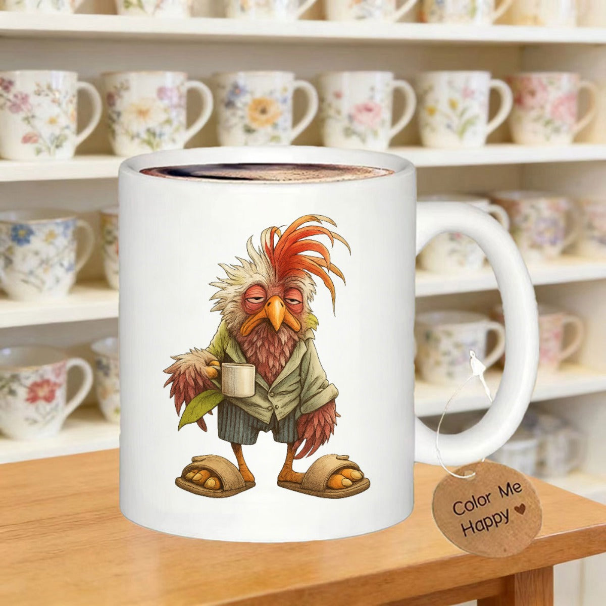 Tailorly White Ceramic 11 oz Mug - Color Me Happy Grumpy Morning Bird Holding Coffee Cup Wearing Slippers And Pajamas Rooster