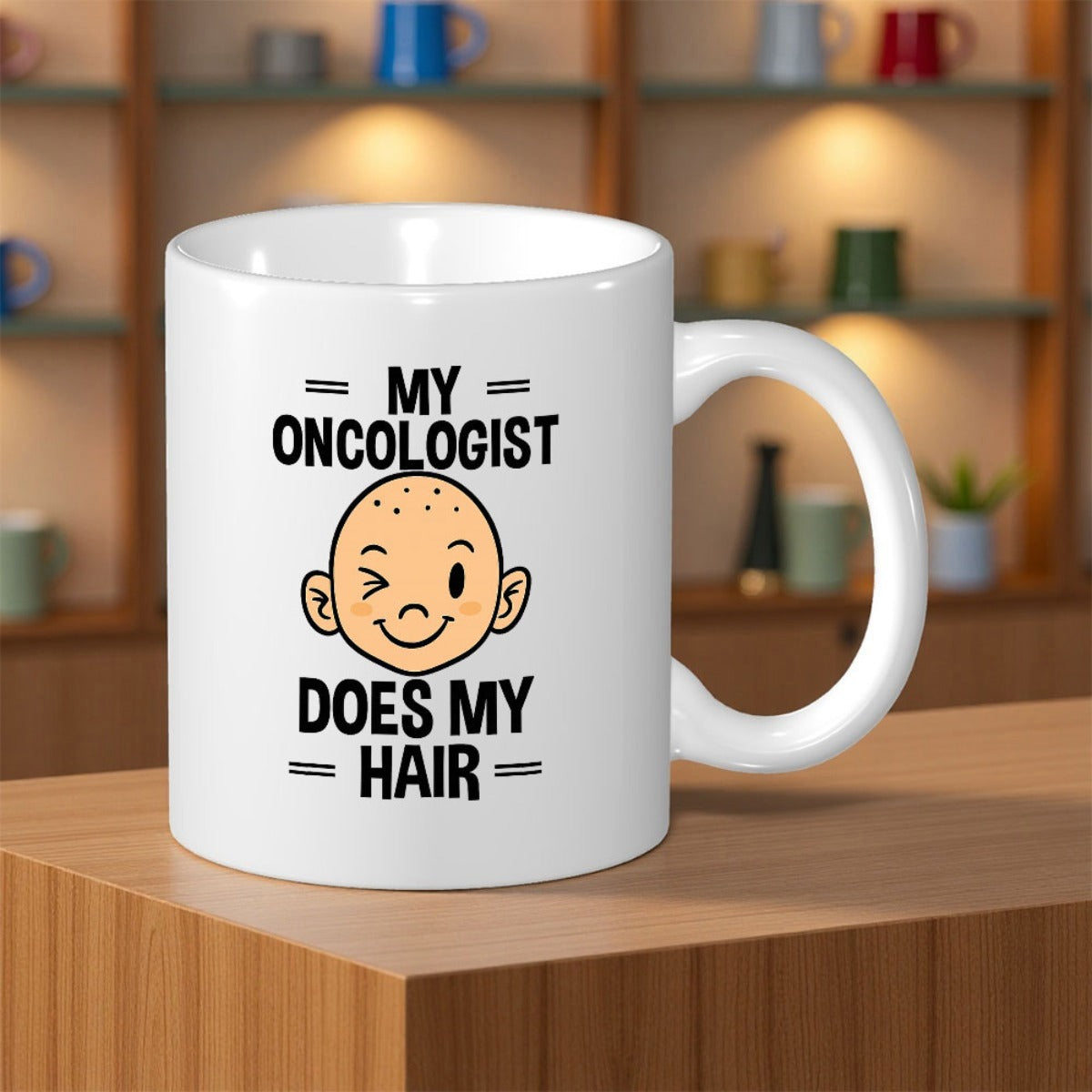 Tailorly White Ceramic 11 oz Mug - My Oncologist Does My Hair Winking Smiling Bald Cartoon Character Among Minimalist Horizontal Decorative Lines Boy