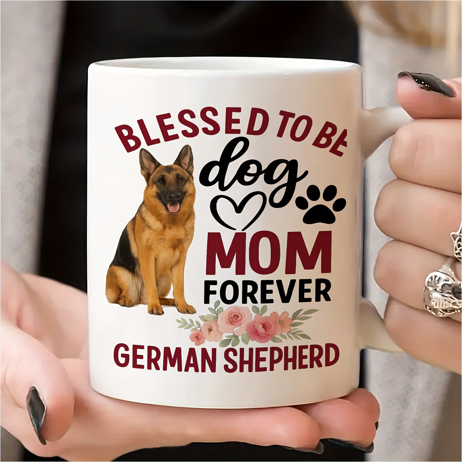 Tailorly White Ceramic 11 oz Mug - Blessed To Be Dog Mom Forever German Shepherd Loyal Sitting Breed Surrounded By Delicate Pink Flowers And Heart Paw German