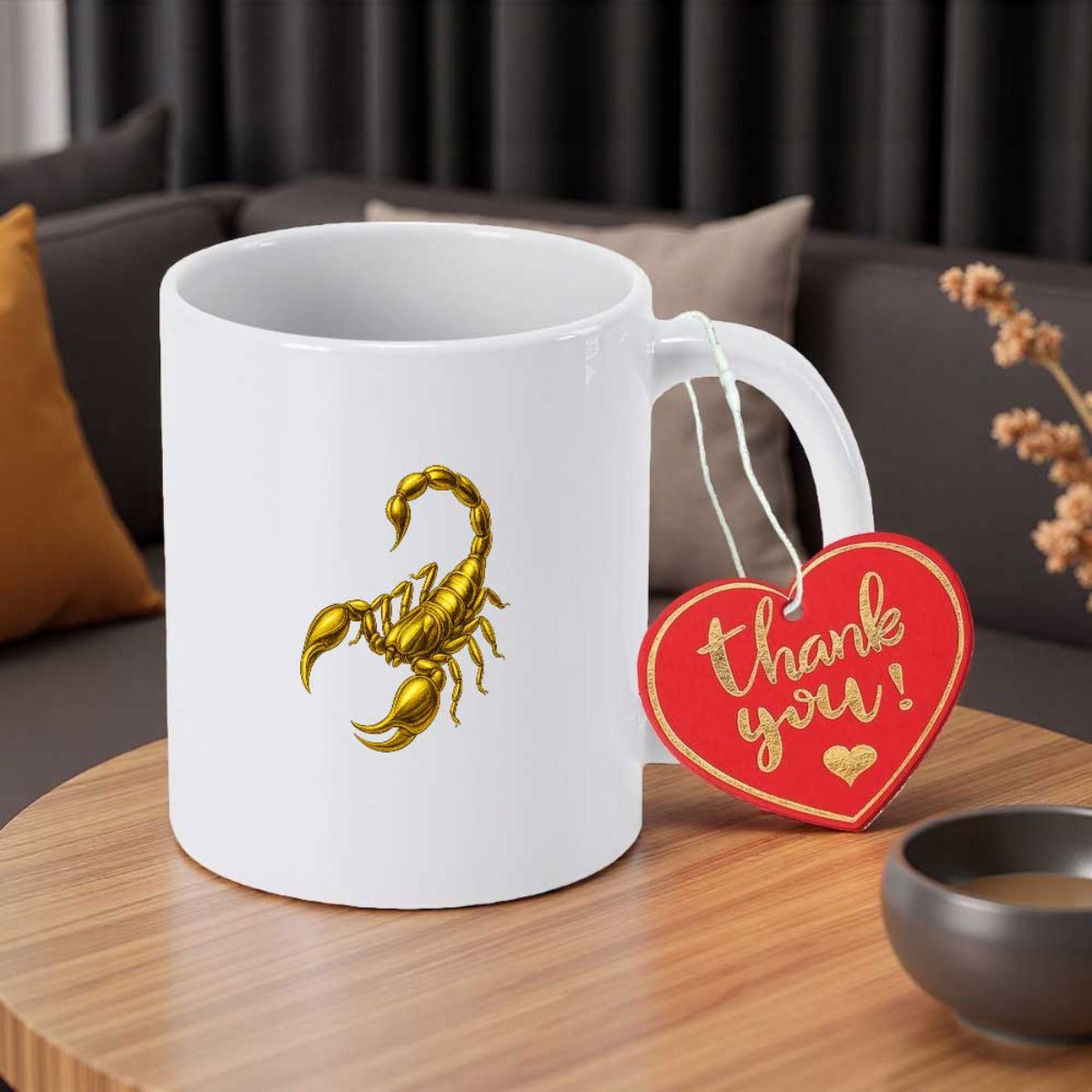 Tailorly White Ceramic 11 oz Mug - Thank You Realistic Golden 3D Textured Animal With Sharp Tail Sting Metal Scorpion