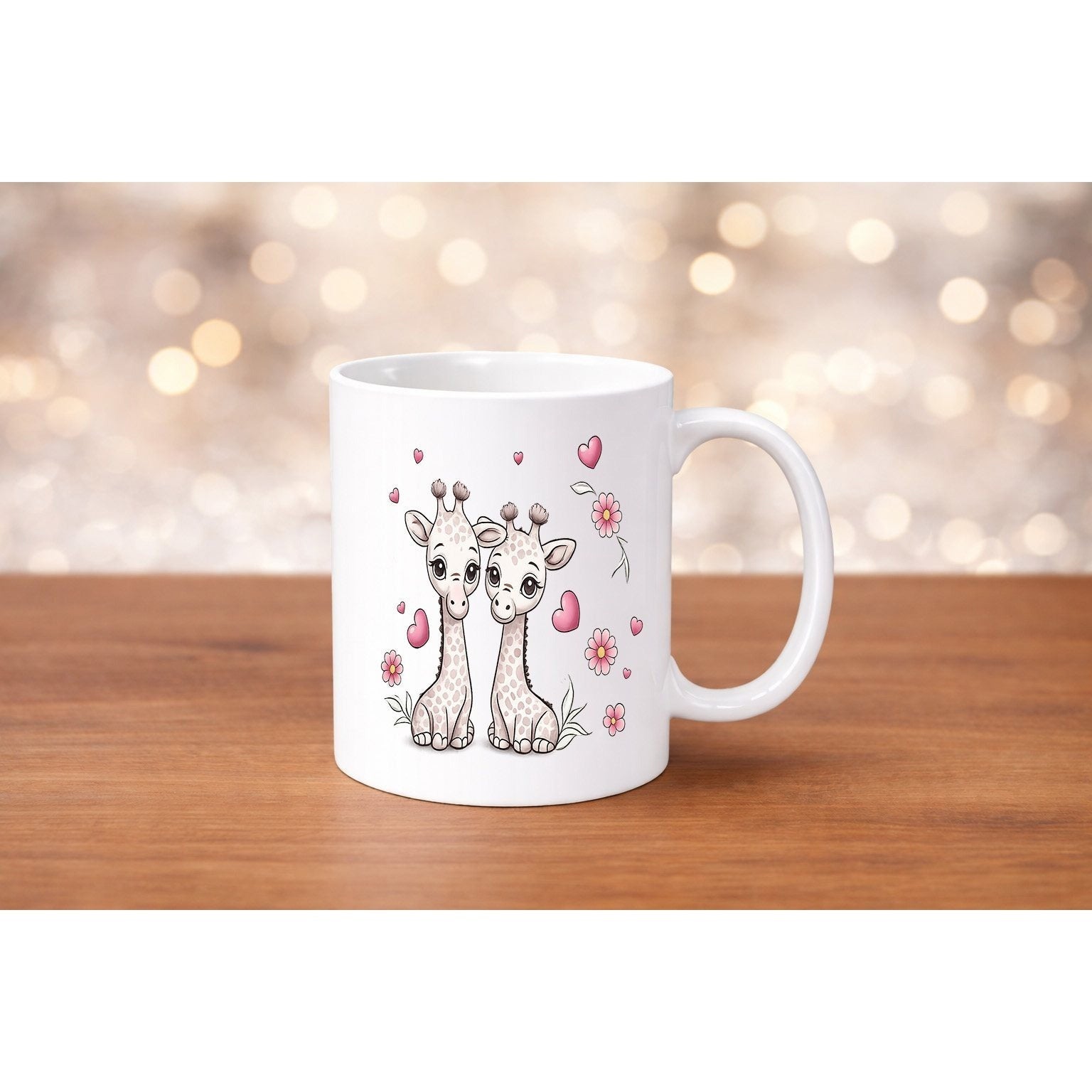 Tailorly White Ceramic 11 oz Mug - Adorable Twin Baby Giraffes Surrounded By Pink Hearts And Delicate Flowers Giraffe