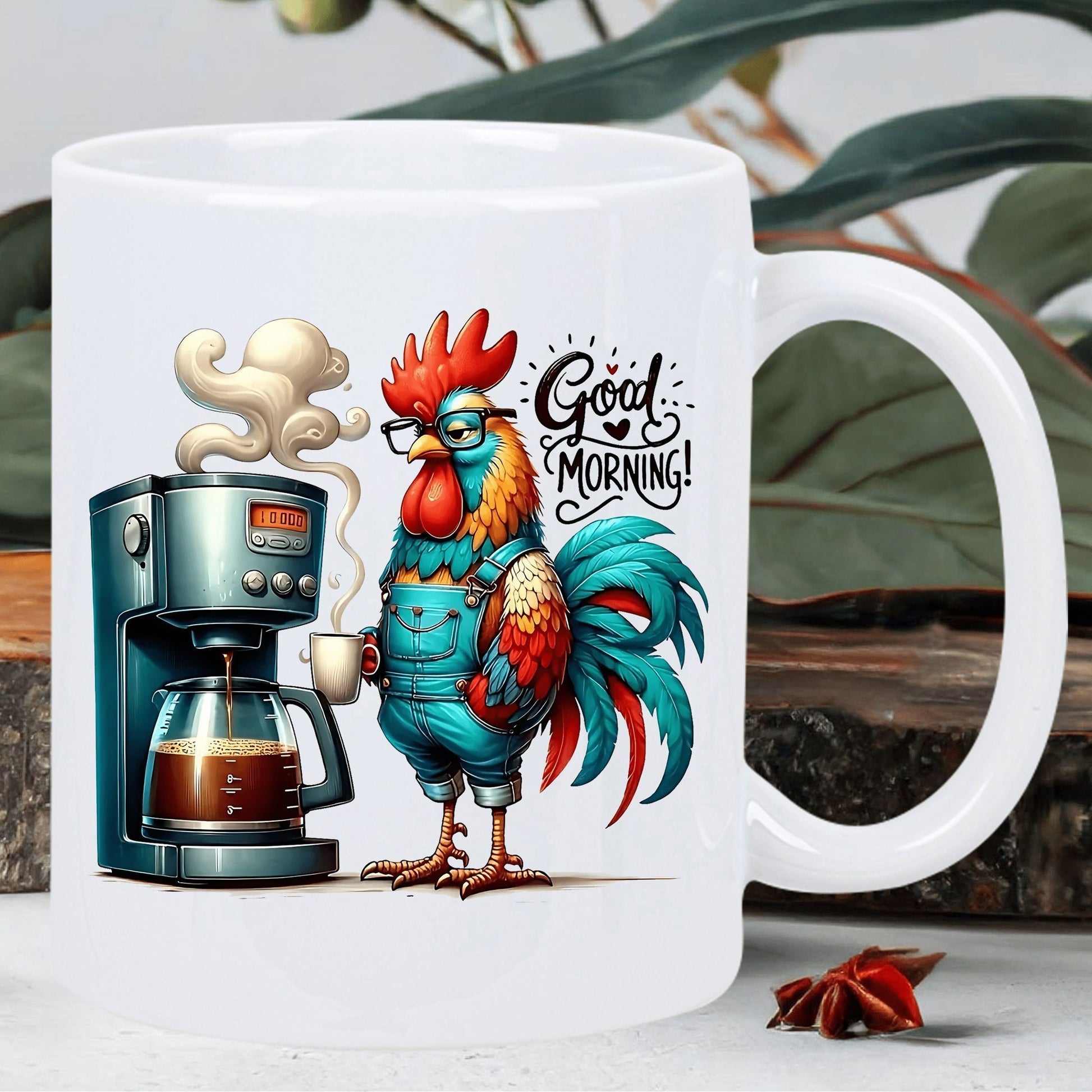 Tailorly White Ceramic 11 oz Mug - Good Morning Vibrant Stylized Rooster Wearing Overalls And Glasses Next To Brewing Coffee Machine Rooster