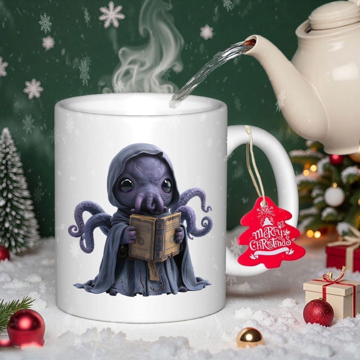 Tailorly White Ceramic 11 oz Mug - Merry Christmas Adorable Purple Mystical Creature With Hooded Robe Reading Mysterious Ancient Book Cthulhu