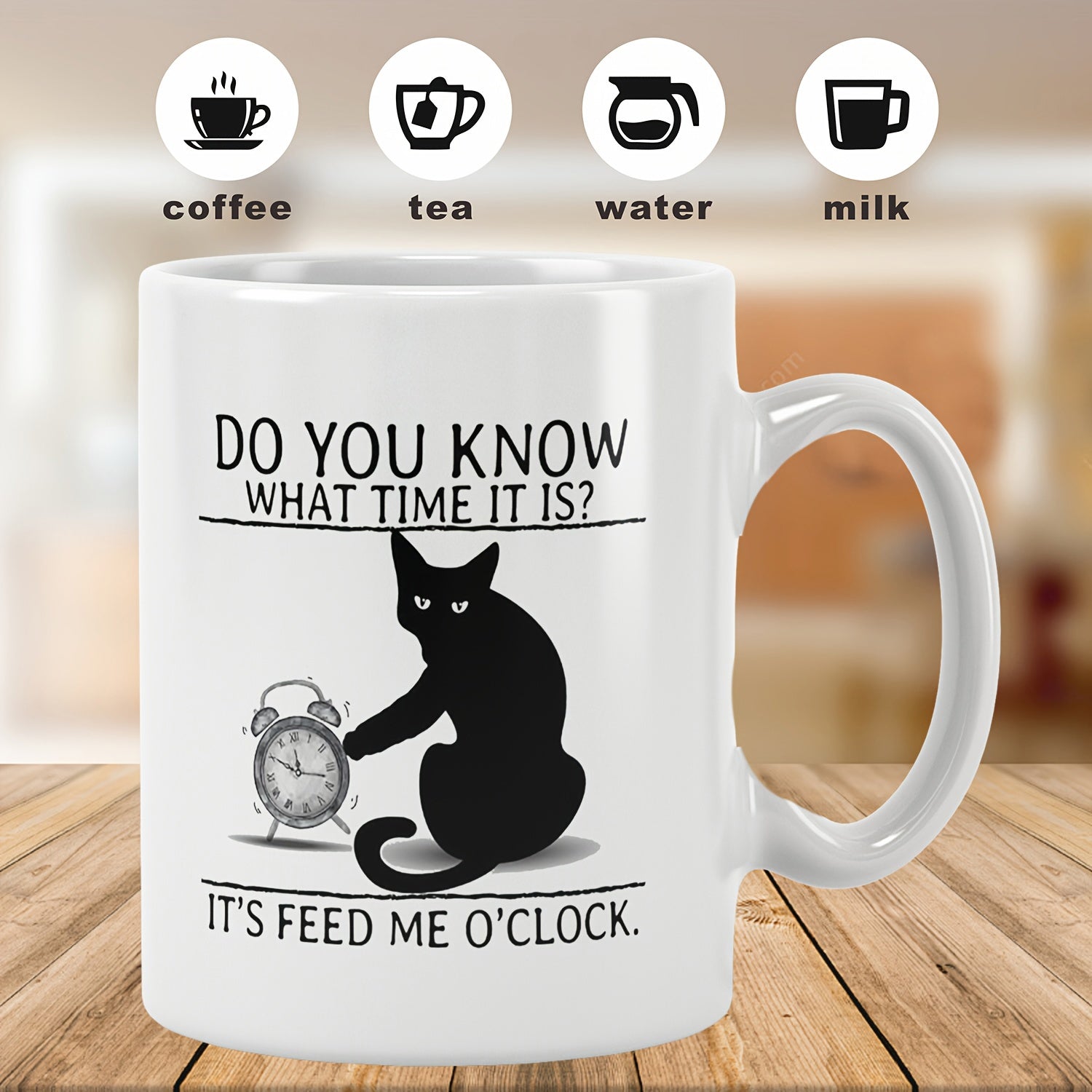 Tailorly White Ceramic 11 oz Mug - Do You Know What Time It Is It's Feed Me O'Clock Playful Black Silhouette Feline Tapping A Classic Vintage Styled Metal Alarm