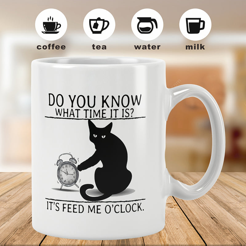 Tailorly White Ceramic 11 oz Mug - Do You Know What Time It Is It's Feed Me O'Clock Playful Black Silhouette Feline Tapping A Classic Vintage Styled Metal Alarm