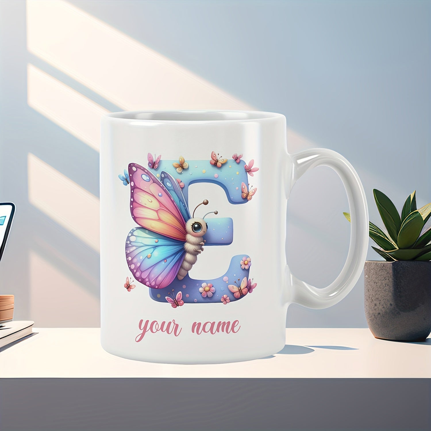 Tailorly White Ceramic 11 oz Mug - Your Name Vibrant Colorful Butterfly Resting On Soft Blue Letter E Among Tiny Blossoms Butterfly