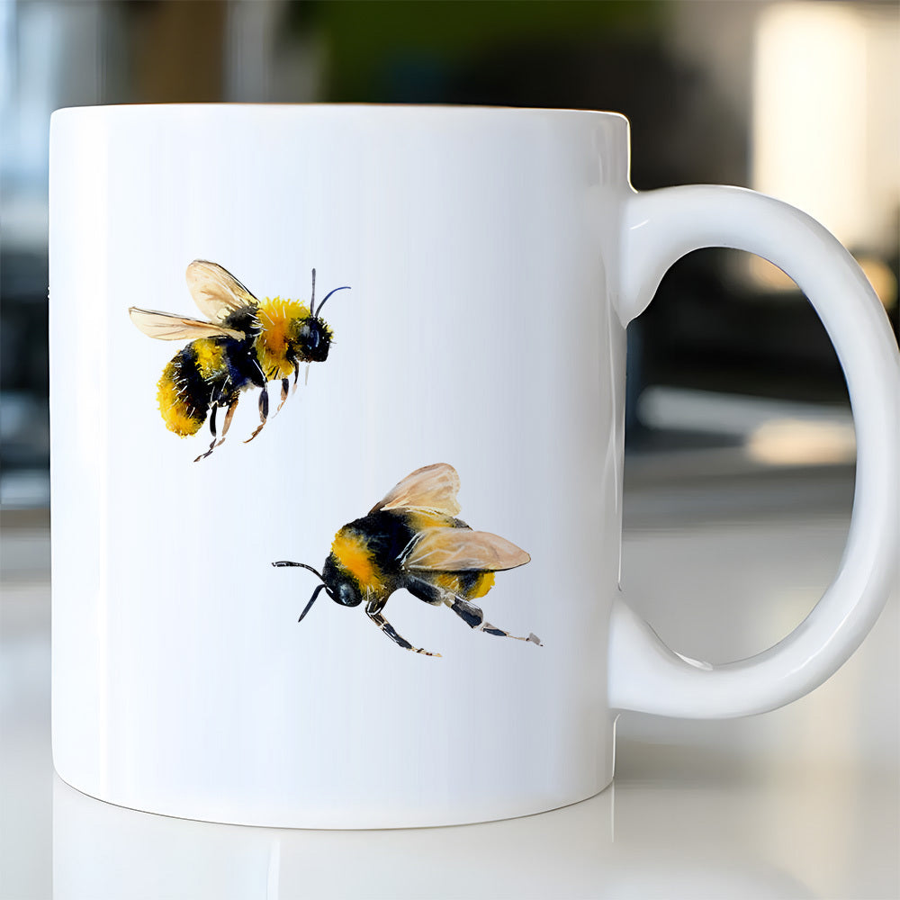 Tailorly White Ceramic 11 oz Mug - Two Fluffy Realistic Bumblebees Flying Gracefully In The Sunlight Air Bee
