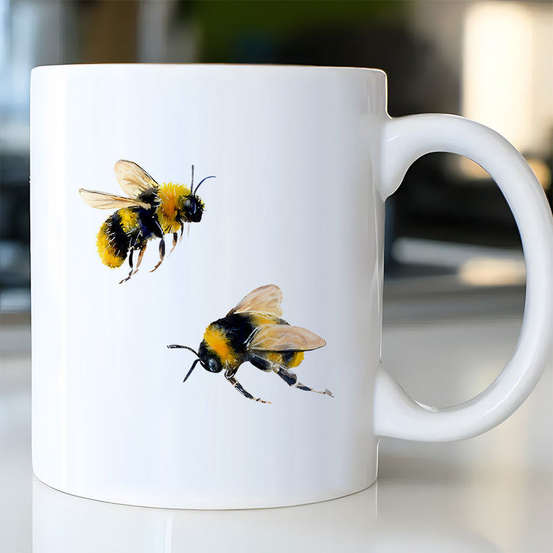 Tailorly White Ceramic 11 oz Mug - Two Fluffy Realistic Bumblebees Flying Gracefully In The Sunlight Air Bee