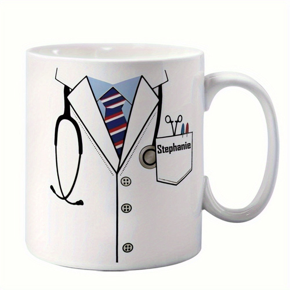 Tailorly White Ceramic 11 oz Mug - Stephanie Professional Medical Lab Coat With Stethoscope And Colorful Striped Tie Uniform